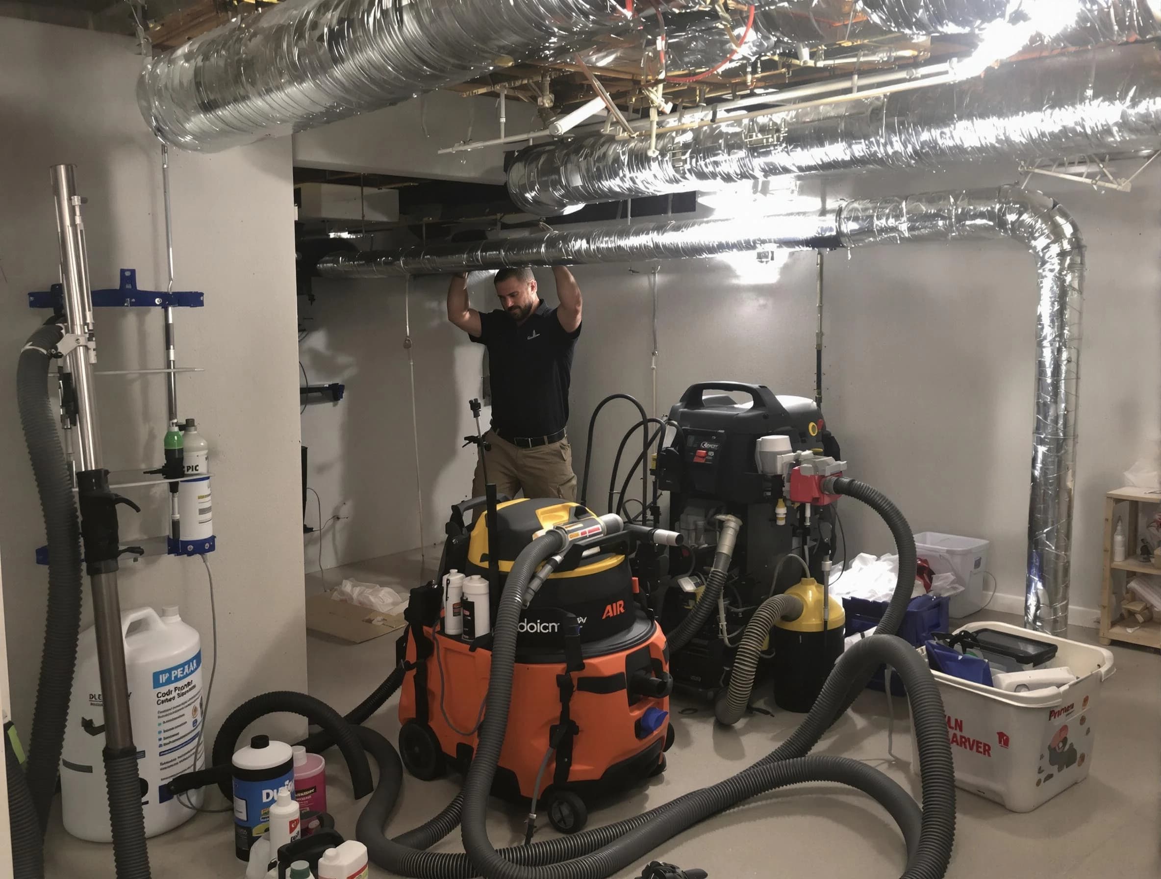 Atlanta Air Duct Cleaning specialist performing professional mold removal from air ducts using safety equipment in Atlanta
